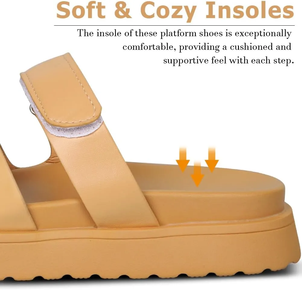 Womens Platform Sandals H Band Sandals for Women Slip On Sandals Leather Sandals for Women Velcro Adjustable