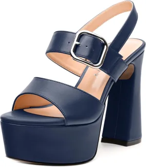 Women's Platform Sandals, Round Toe Chunky High Heels, Fashion Ankle Strap Buckle Heeled Sandal 4.8 Inch