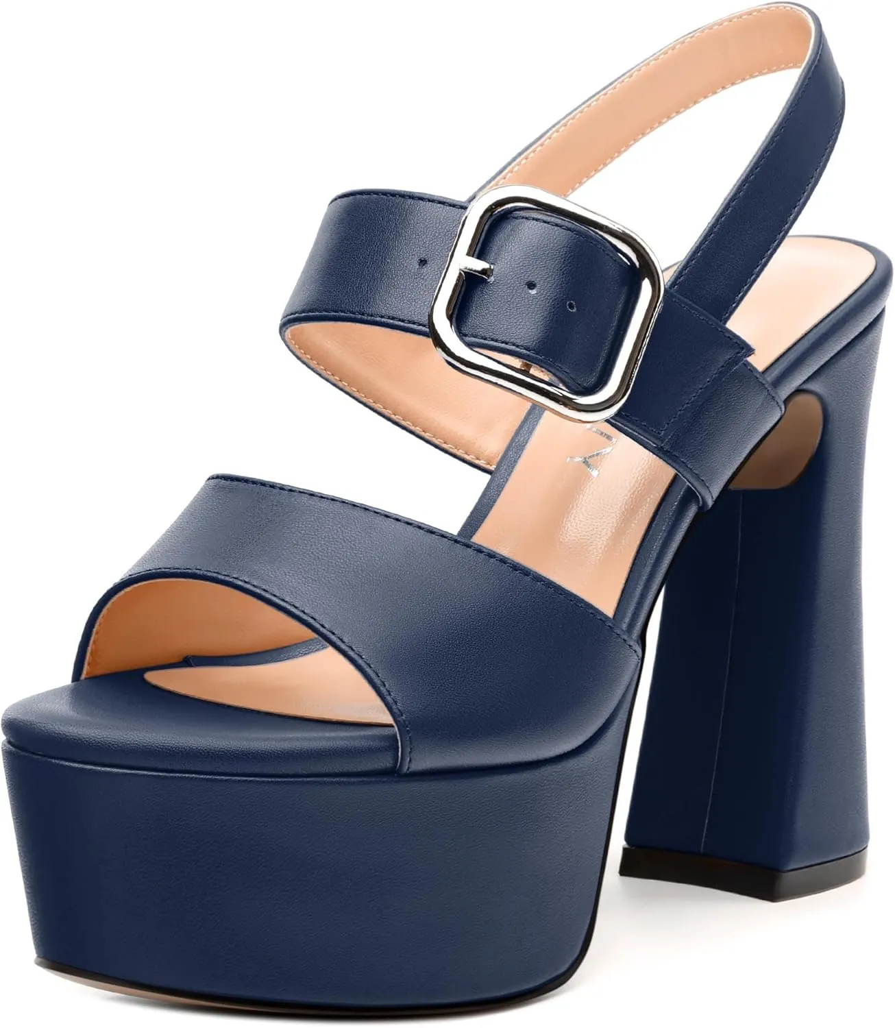 Women's Platform Sandals, Round Toe Chunky High Heels, Fashion Ankle Strap Buckle Heeled Sandal 4.8 Inch