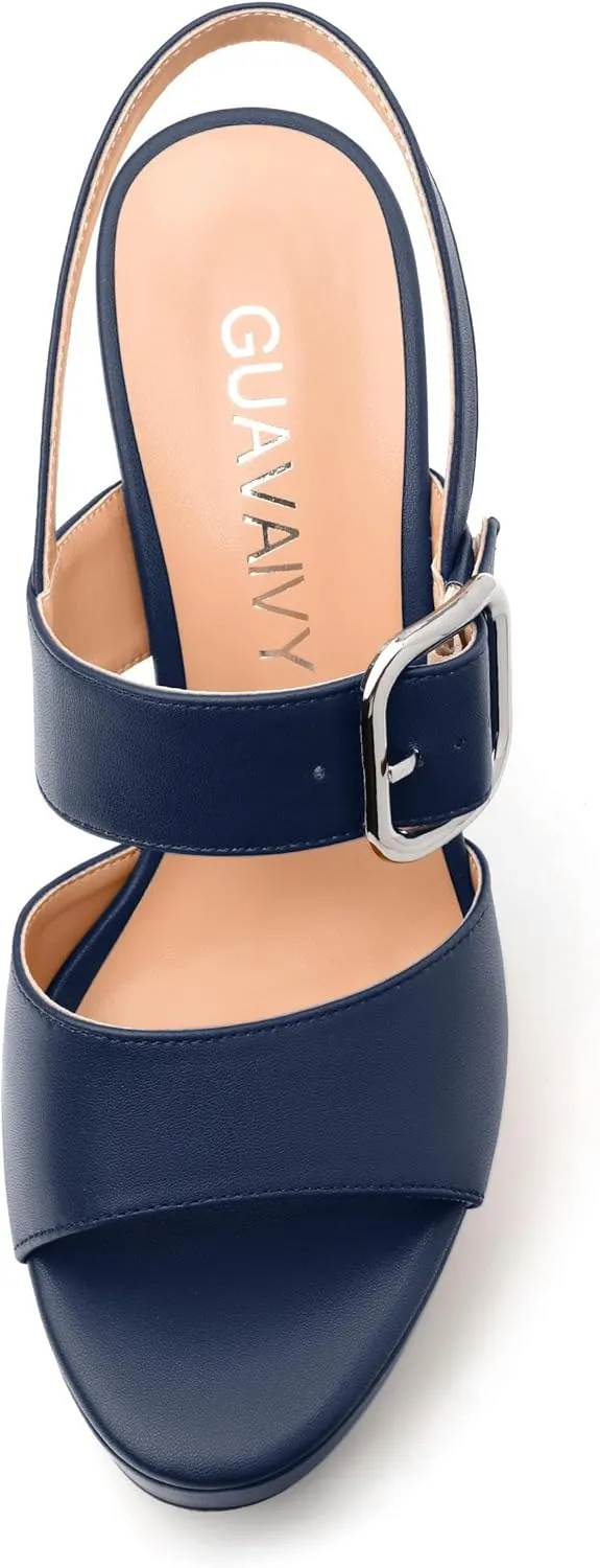 Women's Platform Sandals, Round Toe Chunky High Heels, Fashion Ankle Strap Buckle Heeled Sandal 4.8 Inch