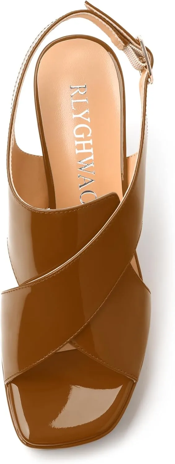 Women's Platform Sandals, Slingback Open Toe Buckle Heels for Women, Fashion Solid Patent High Heel Shoes 3.35 inch