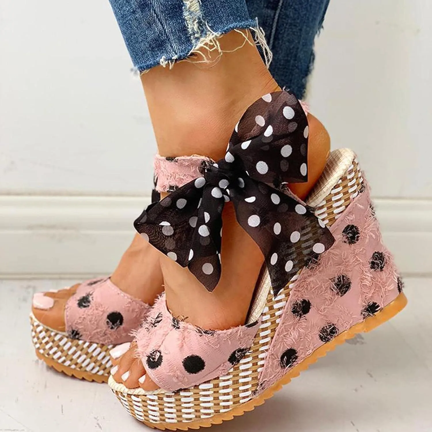 Women's Platform Sandals Wedge Open Toe Ankle Strap Lace Wedding Bridesmaid Shoes Bohemia Wide Width Close Toe Dressy Summer