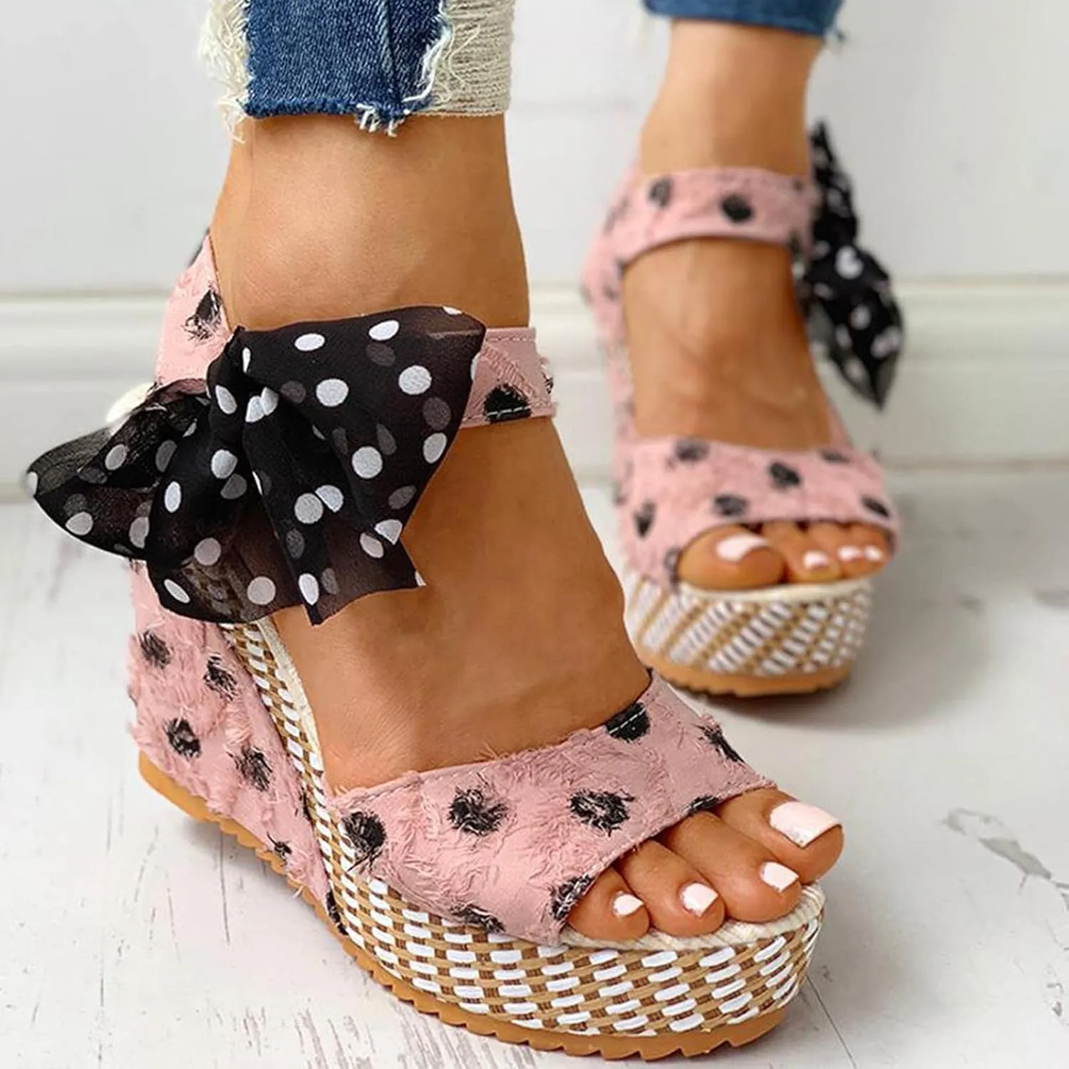 Women's Platform Sandals Wedge Open Toe Ankle Strap Lace Wedding Bridesmaid Shoes Bohemia Wide Width Close Toe Dressy Summer