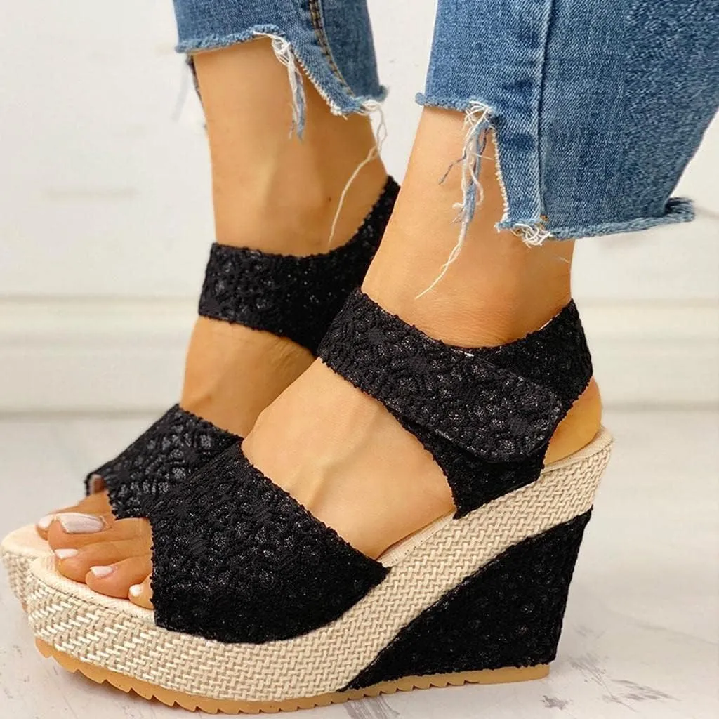 Women's Platform Sandals Wedge Open Toe Ankle Strap Lace Wedding Bridesmaid Shoes Close Toe Rhinestone Comfortable Casual