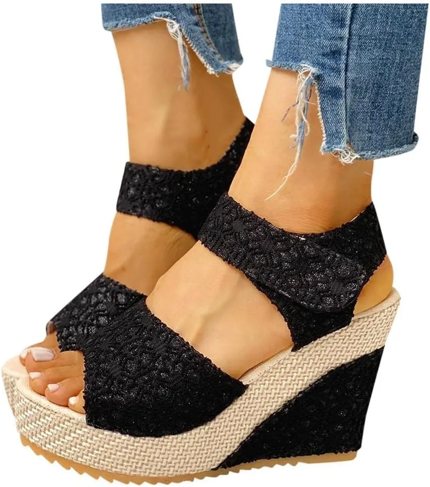 Women's Platform Sandals Wedge Open Toe Ankle Strap Lace Wedding Bridesmaid Shoes Close Toe Rhinestone Comfortable Casual