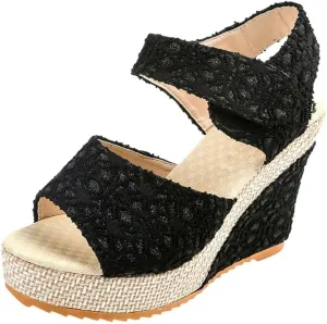 Women's Platform Sandals Wedge Open Toe Ankle Strap Lace Wedding Bridesmaid Shoes Close Toe Rhinestone Comfortable Casual