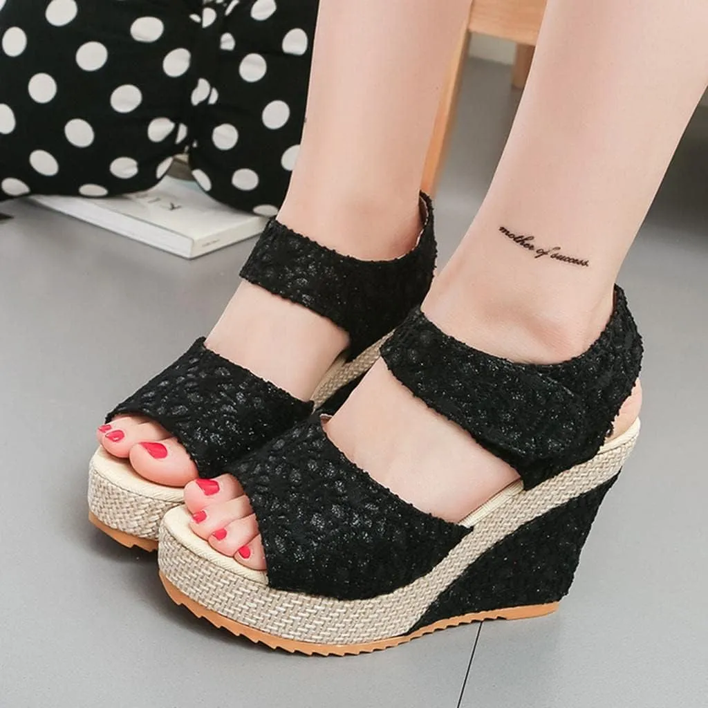 Women's Platform Sandals Wedge Open Toe Ankle Strap Lace Wedding Bridesmaid Shoes Close Toe Rhinestone Comfortable Casual