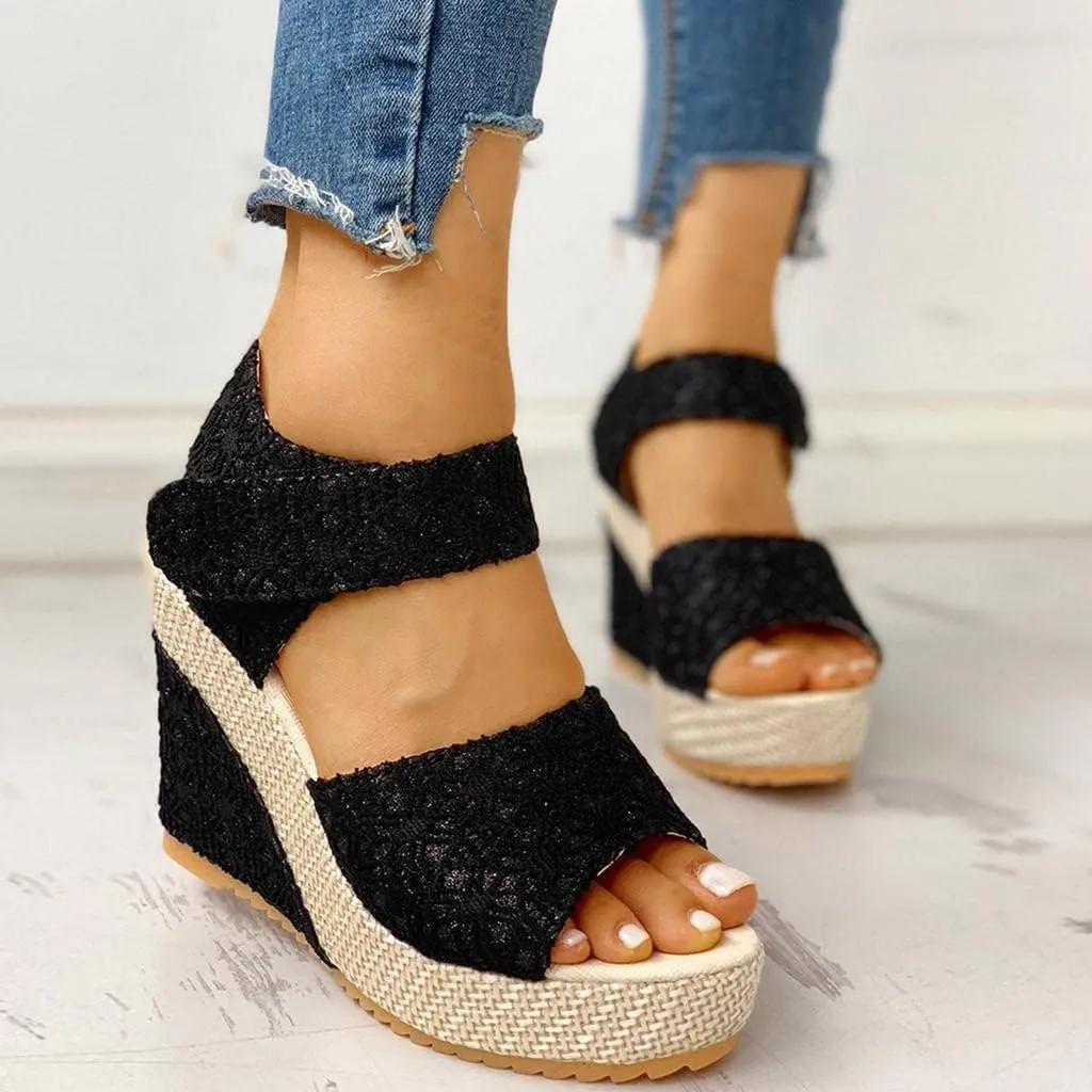 Women's Platform Sandals Wedge Open Toe Ankle Strap Lace Wedding Bridesmaid Shoes Close Toe Rhinestone Comfortable Casual