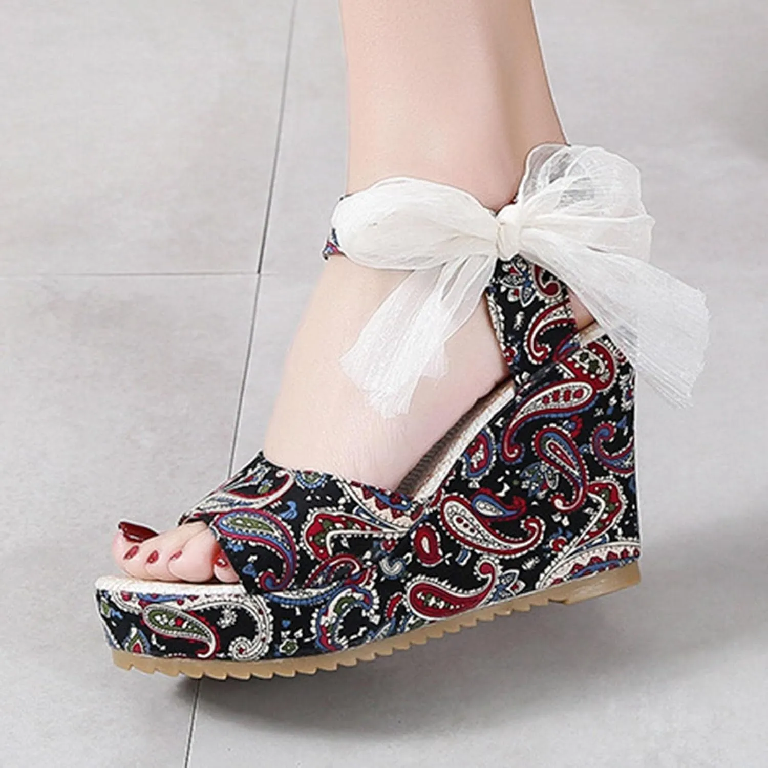 Women's Platform Sandals Wedge Open Toe Ankle Strap Lace Wedding Bridesmaid Shoes Rhinestone Summer Low Heel Close Toe