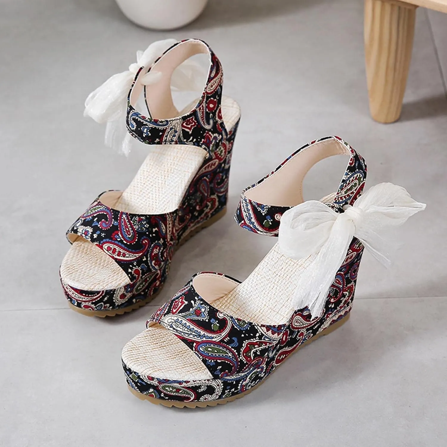 Women's Platform Sandals Wedge Open Toe Ankle Strap Lace Wedding Bridesmaid Shoes Rhinestone Summer Low Heel Close Toe