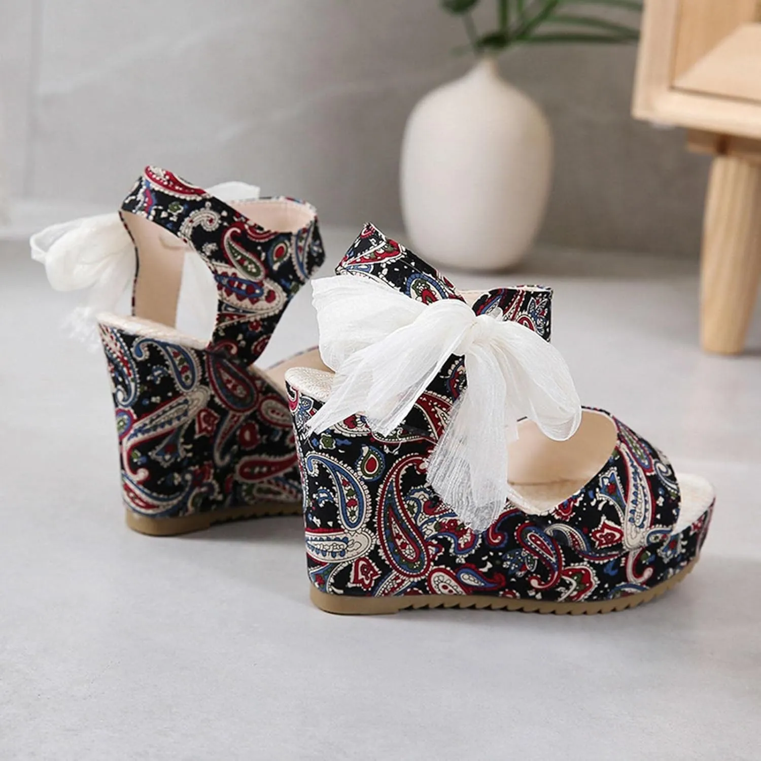 Women's Platform Sandals Wedge Open Toe Ankle Strap Lace Wedding Bridesmaid Shoes Rhinestone Summer Low Heel Close Toe