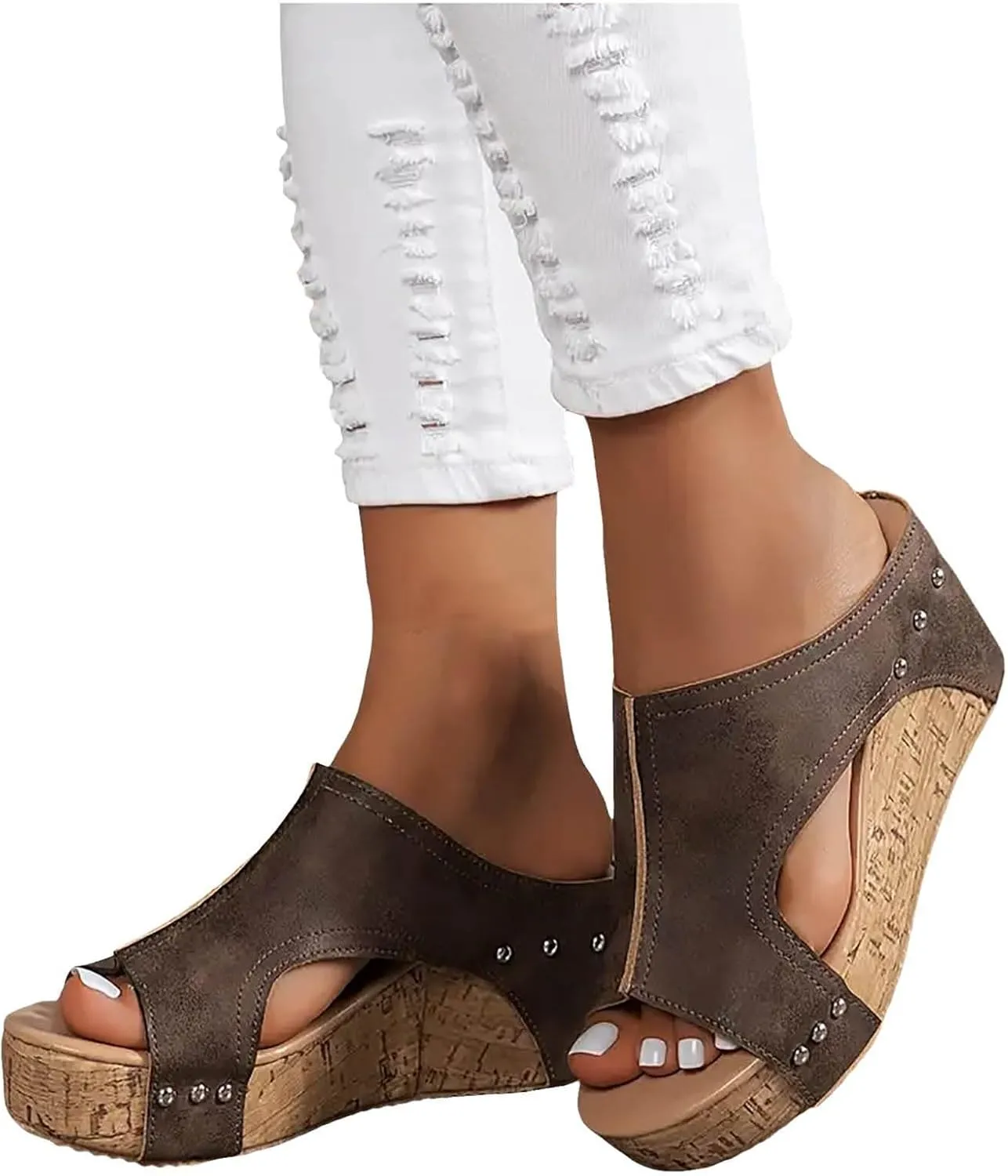 Women's Platform Wedge Sandals Open Toe Slip On Slides Cork Heeled Cutout Comfortable Slide Sandals Casual Dressy Summer Shoes