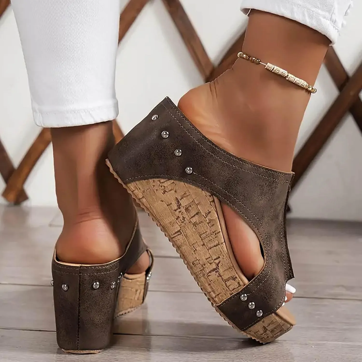 Women's Platform Wedge Sandals Open Toe Slip On Slides Cork Heeled Cutout Comfortable Slide Sandals Casual Dressy Summer Shoes