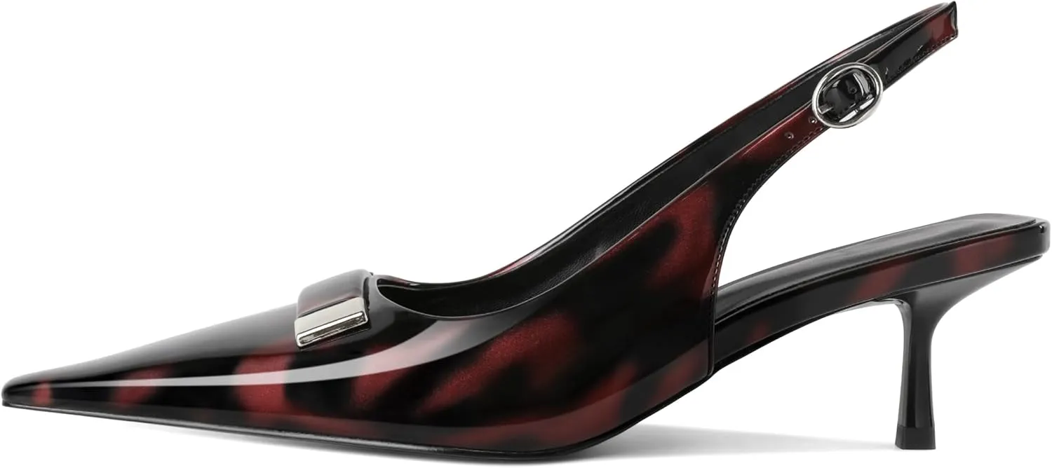 Women's Pointed Toe Slingback Heels Metal Buckle Ankle Strap Kitten Low Heel Pumps 2 Inch Stylish Retro Women Shoes