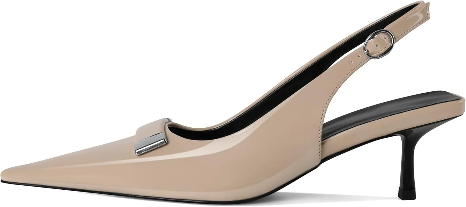 Women's Pointed Toe Slingback Heels Metal Buckle Ankle Strap Kitten Low Heel Pumps 2 Inch Stylish Retro Women Shoes