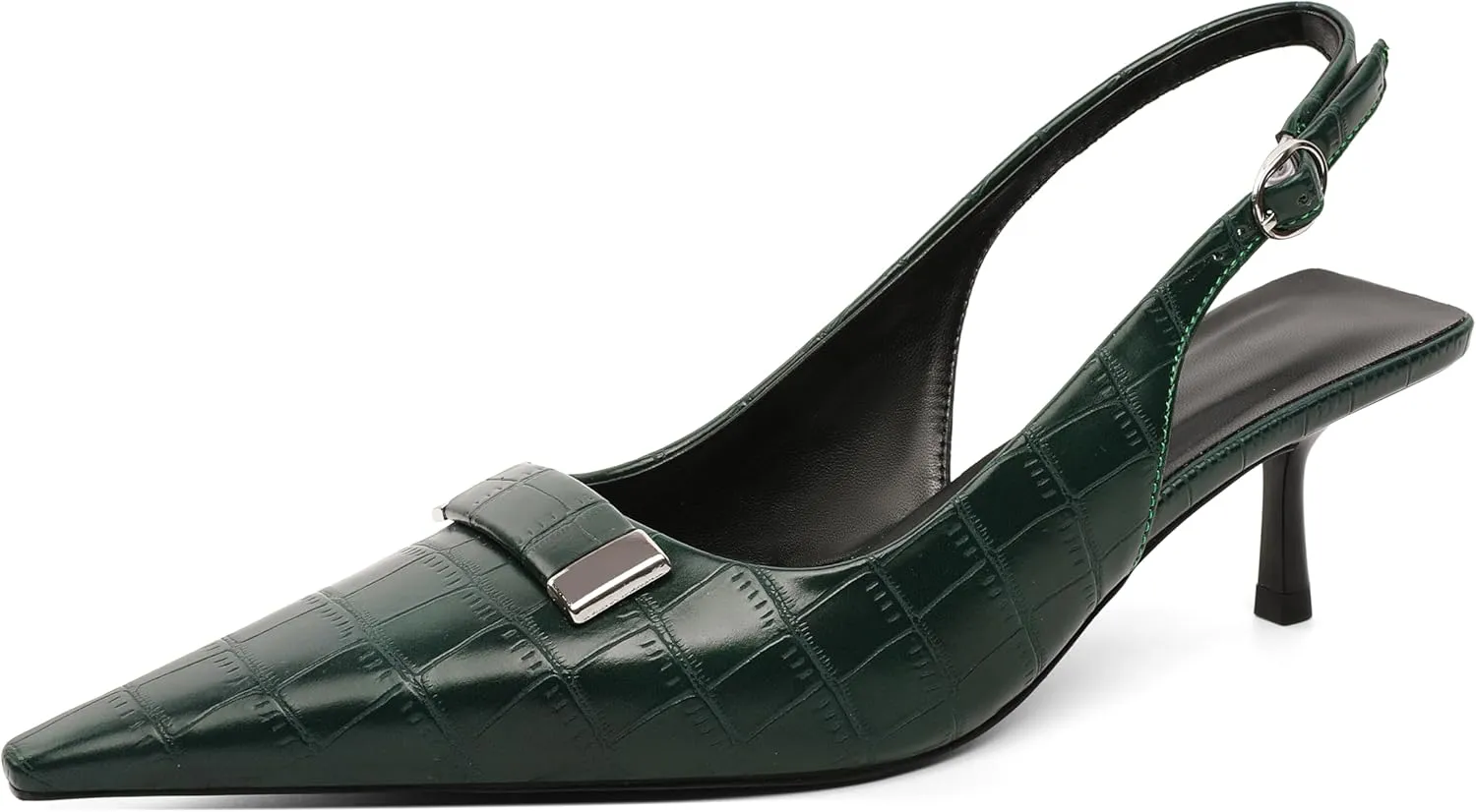 Women's Pointed Toe Slingback Heels Metal Buckle Ankle Strap Kitten Low Heel Pumps 2 Inch Stylish Retro Women Shoes