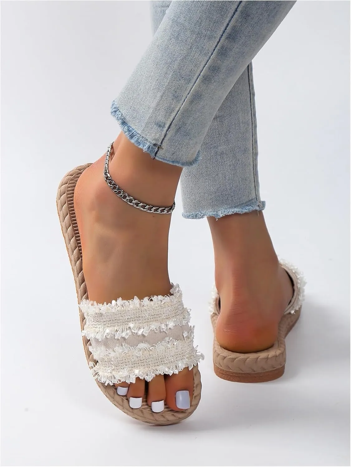 Women's Raw Trim Flat Sandals Single Band Open Toe Summer Vacation Beach Slides