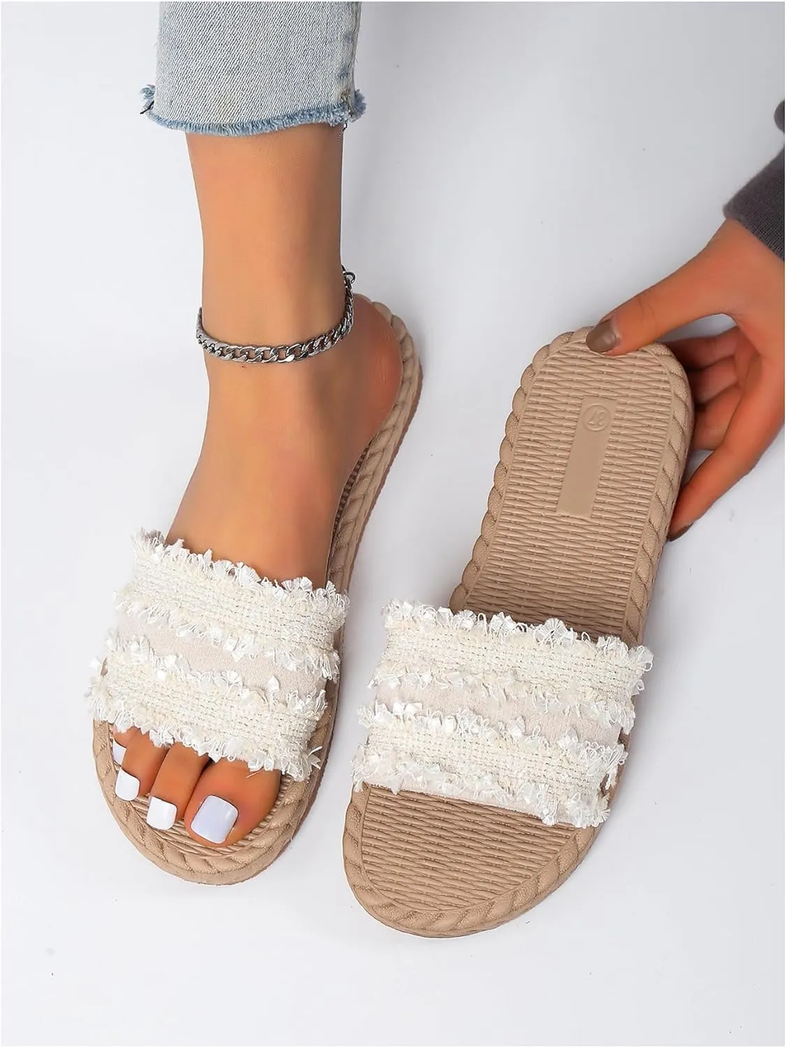 Women's Raw Trim Flat Sandals Single Band Open Toe Summer Vacation Beach Slides