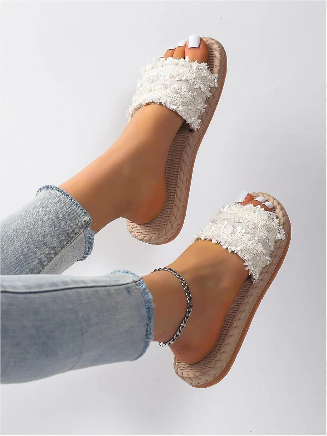 Women's Raw Trim Flat Sandals Single Band Open Toe Summer Vacation Beach Slides