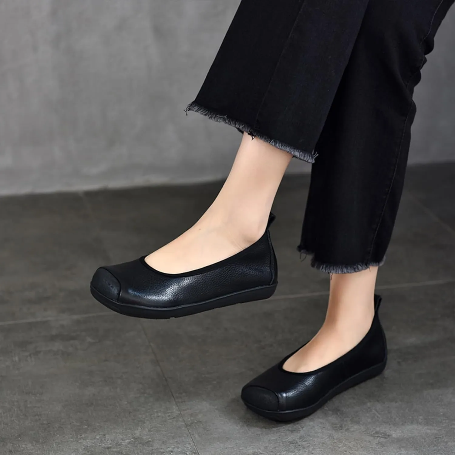 Women's Retro Genuine Leather Loafers Comfort Slip On Square Wide Toe Soft Bottom Low Heeled Ballet Flats Lightweight Non-Slip Prom Dress Shoes