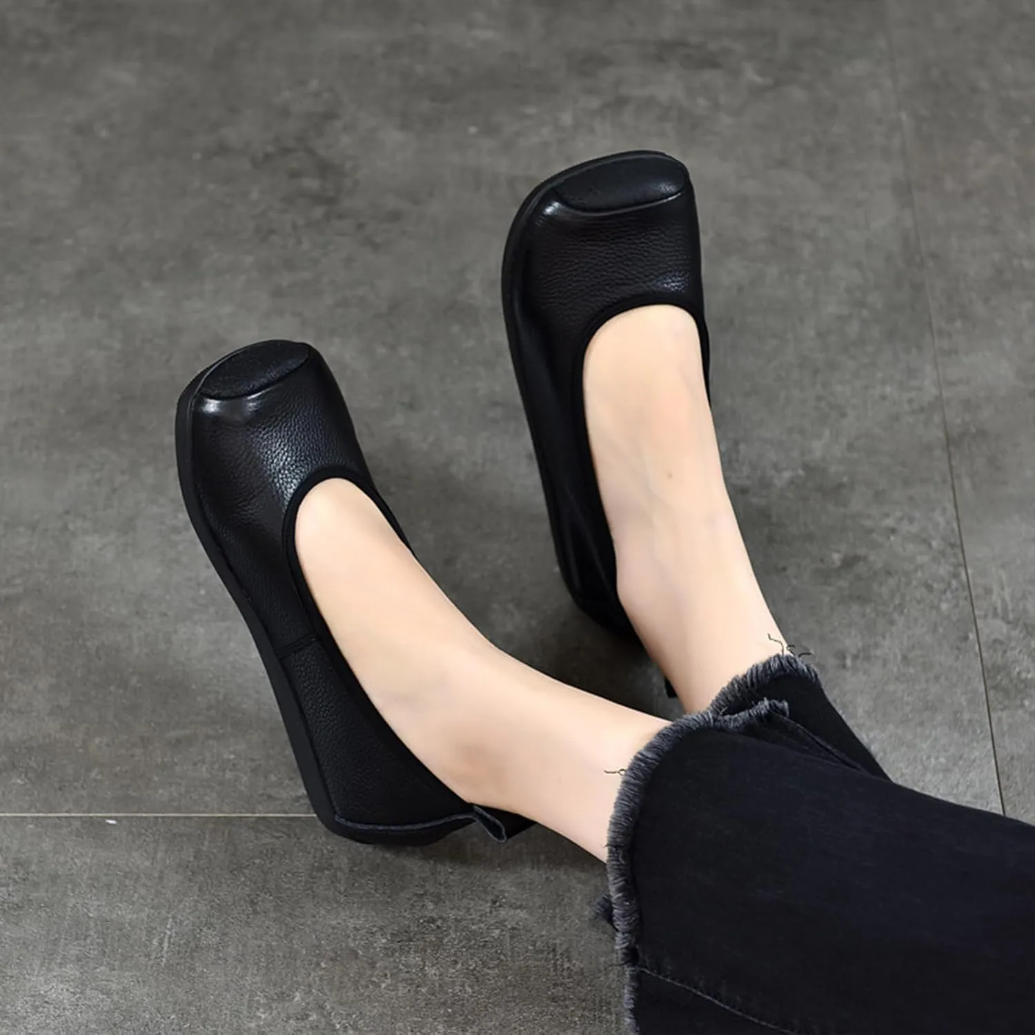 Women's Retro Genuine Leather Loafers Comfort Slip On Square Wide Toe Soft Bottom Low Heeled Ballet Flats Lightweight Non-Slip Prom Dress Shoes