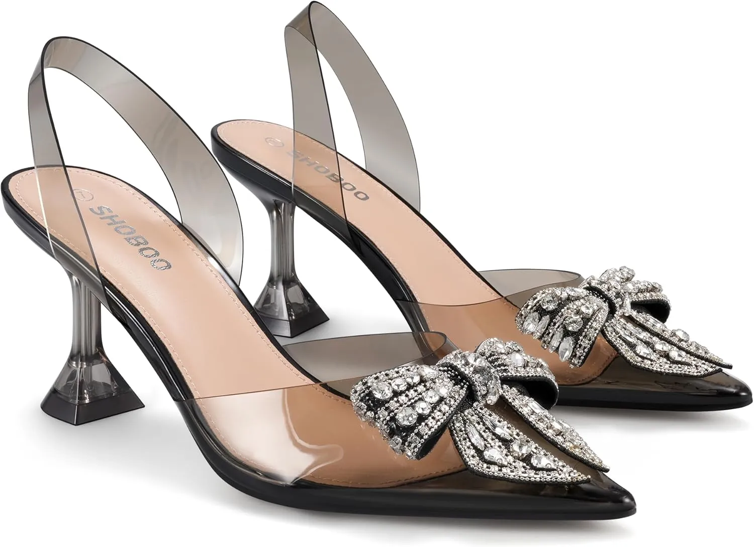 Women's Rhinestone Bow Clear Heels Pointed Toe Pumps Slingback Wedding Party Dress Shoes