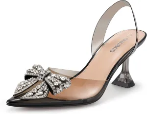 Women's Rhinestone Bow Clear Heels Pointed Toe Pumps Slingback Wedding Party Dress Shoes