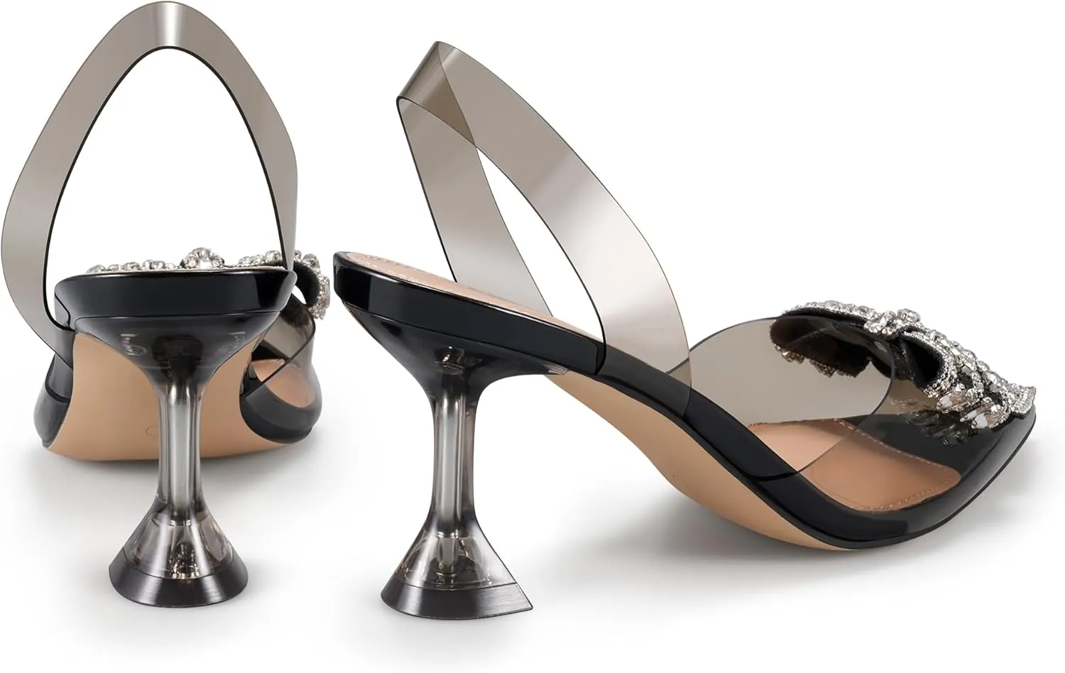 Women's Rhinestone Bow Clear Heels Pointed Toe Pumps Slingback Wedding Party Dress Shoes