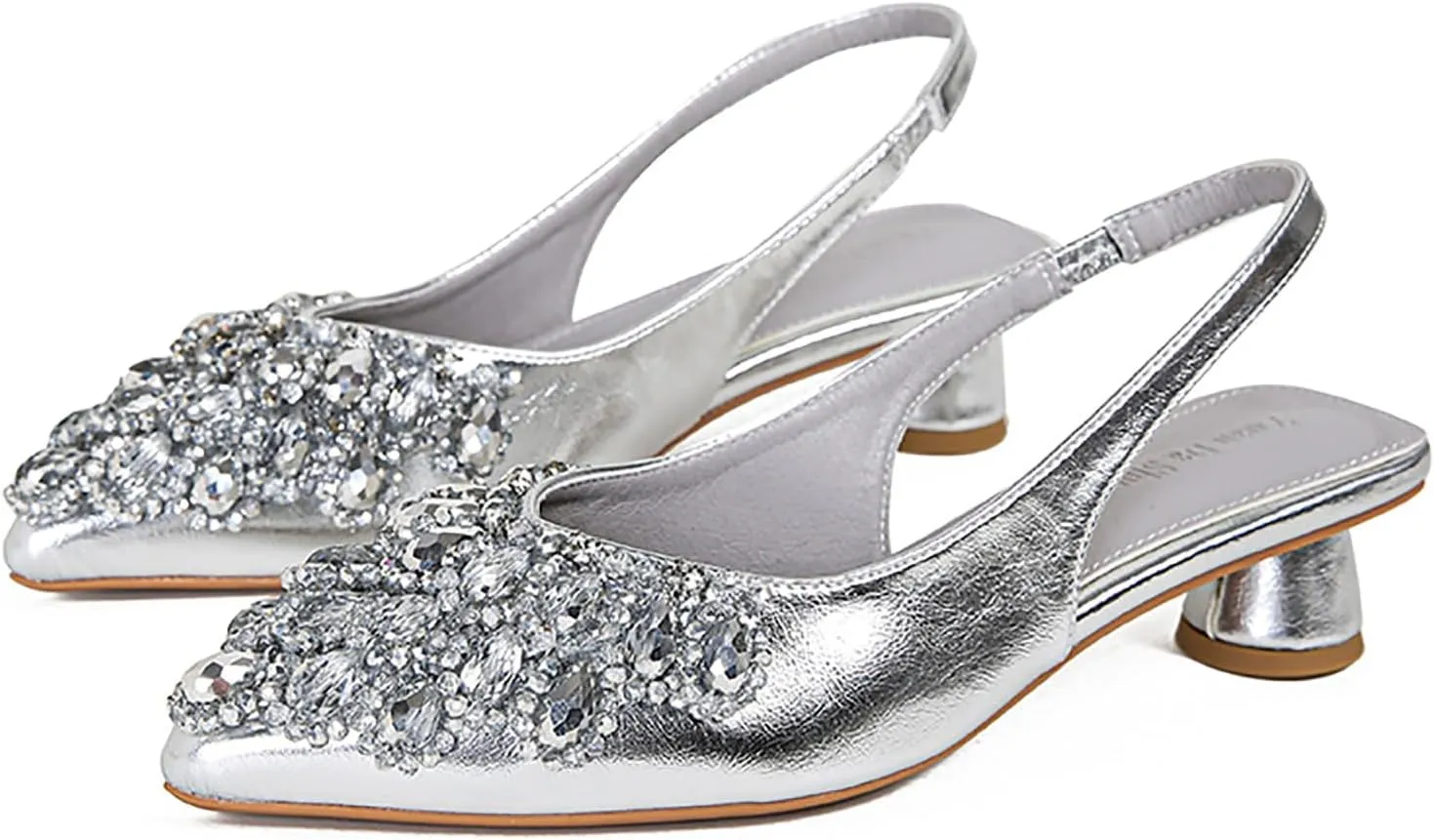 Women's Rhinestone Kitten Heel Slingback Sandals,Comfort Pointed Toe Slip On Block Heels Closed Toe Wedding Dress Pumps Shoes