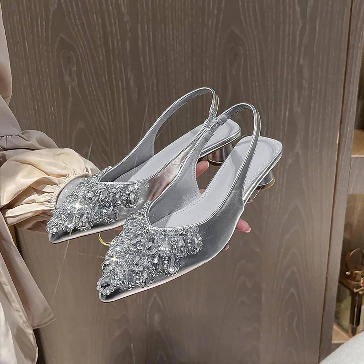 Women's Rhinestone Kitten Heel Slingback Sandals,Comfort Pointed Toe Slip On Block Heels Closed Toe Wedding Dress Pumps Shoes