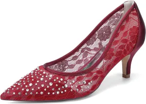 Women's Rhinestone Lace Wedding Shoes Closed Toe Crystal Rhinestone Bridal Shoes Slip-on Mid Heels Sandals