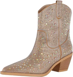 Women's Rhinestone Western Boot- Sparkly Ankle Boots, Pointed Toe, Breathable, Mid-Calf, Pull On, 2.75in Heel, Fashion Enthusiasts