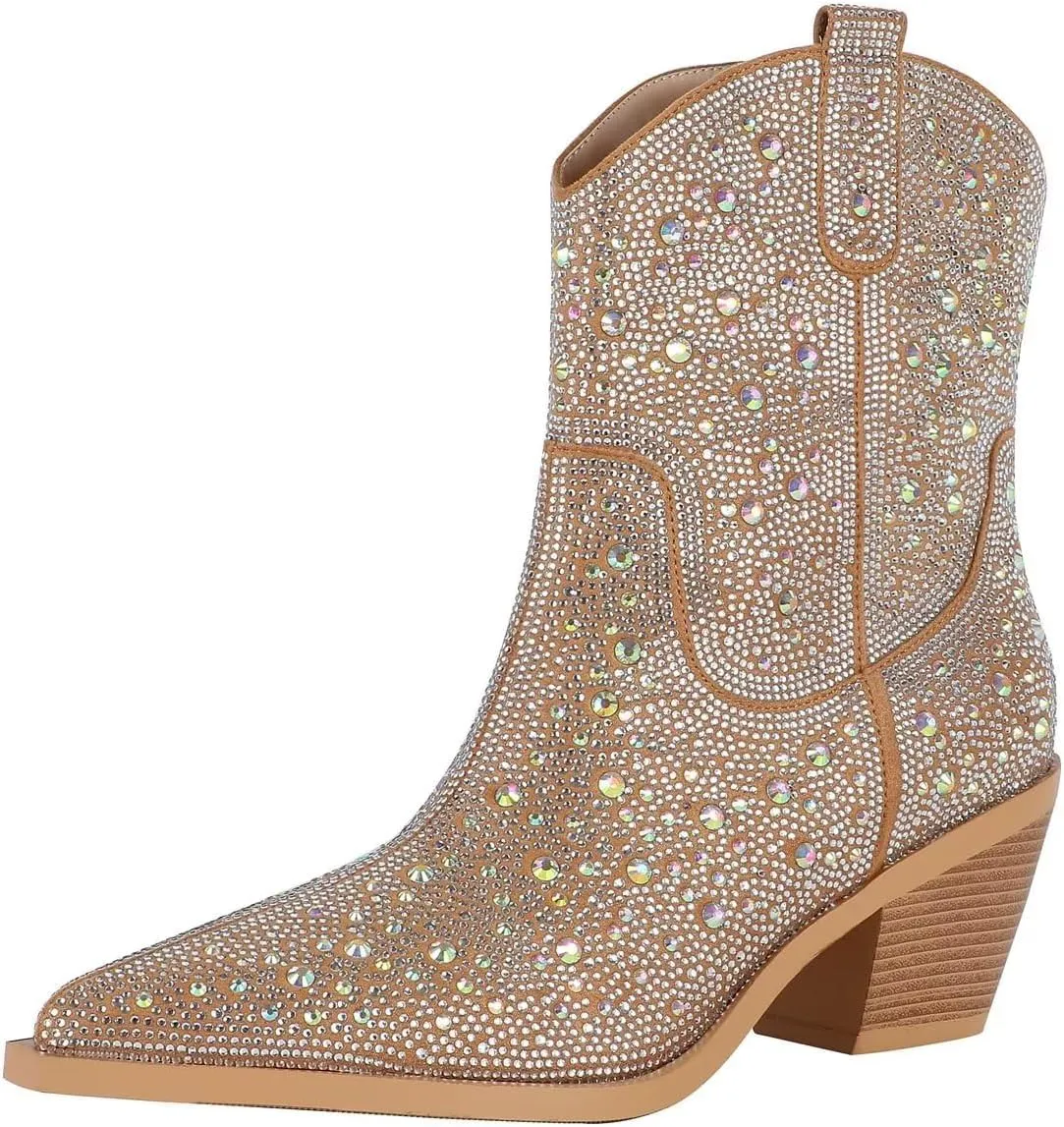 Women's Rhinestone Western Boot- Sparkly Ankle Boots, Pointed Toe, Breathable, Mid-Calf, Pull On, 2.75in Heel, Fashion Enthusiasts