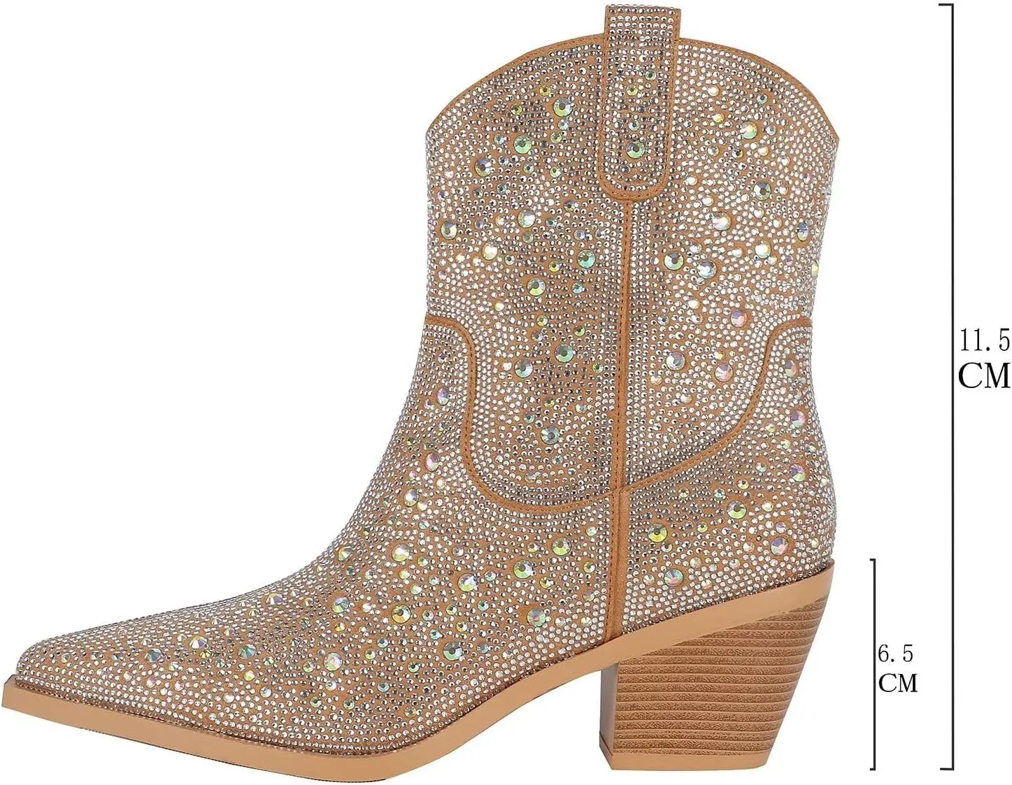Women's Rhinestone Western Boot- Sparkly Ankle Boots, Pointed Toe, Breathable, Mid-Calf, Pull On, 2.75in Heel, Fashion Enthusiasts