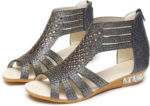 Women's Sandals Open Toe Rhinestones Over Straps Mid Heels with Back Zippper Holiday Casual Shoes