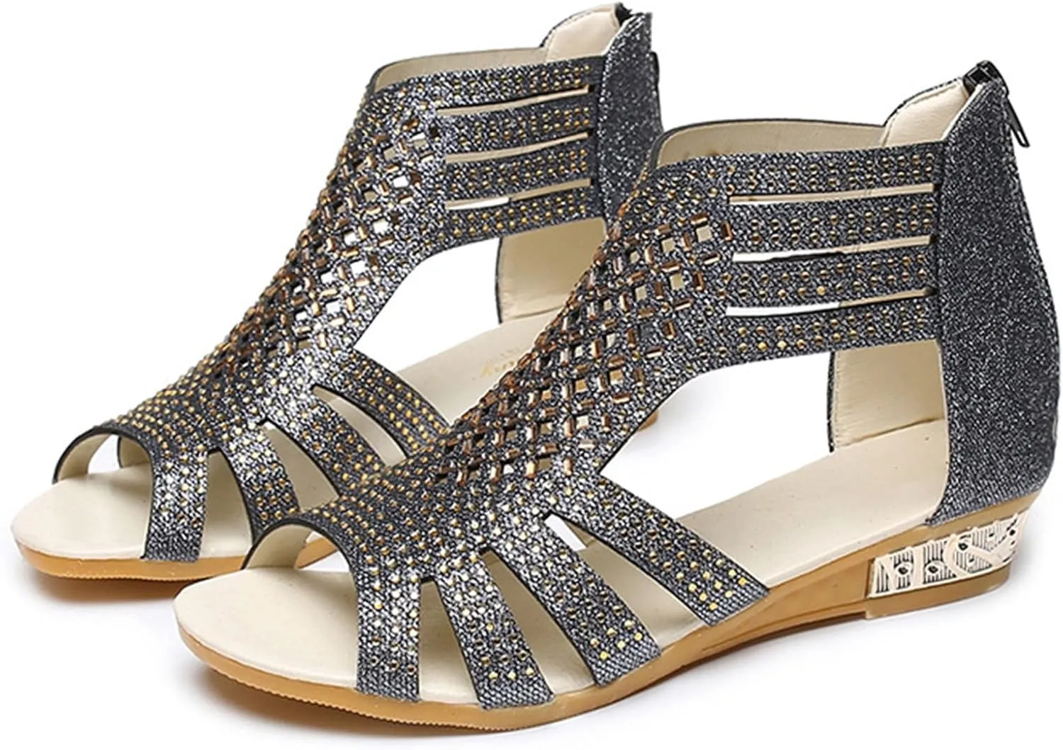 Women's Sandals Open Toe Rhinestones Over Straps Mid Heels with Back Zippper Holiday Casual Shoes