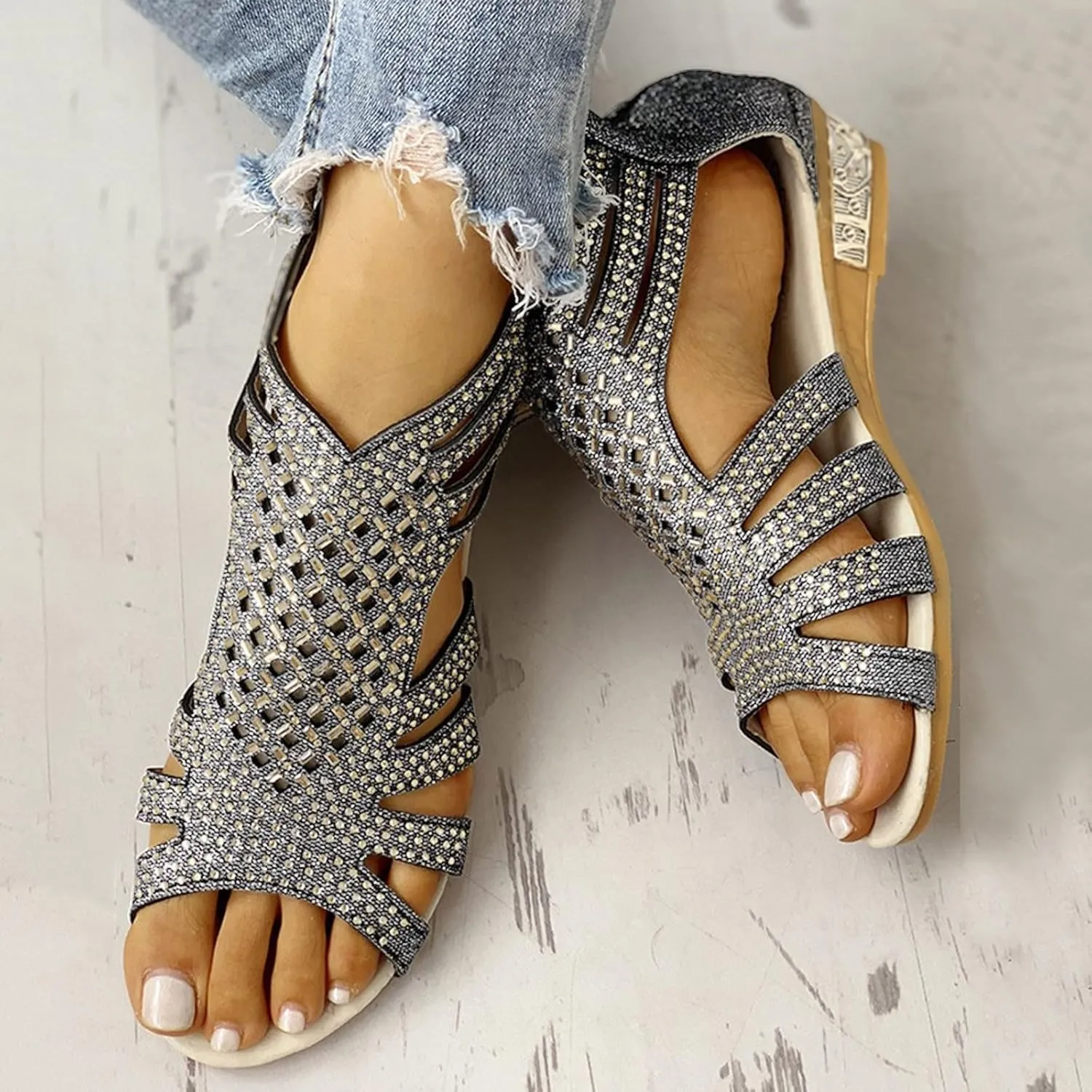 Women's Sandals Open Toe Rhinestones Over Straps Mid Heels with Back Zippper Holiday Casual Shoes
