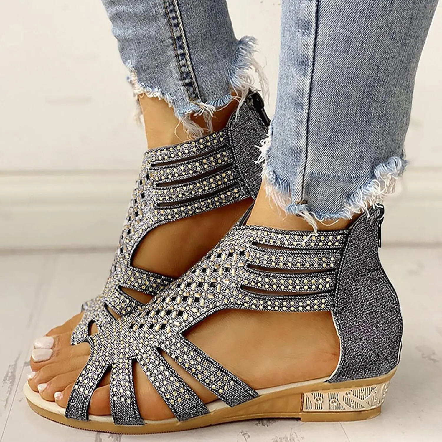 Women's Sandals Open Toe Rhinestones Over Straps Mid Heels with Back Zippper Holiday Casual Shoes