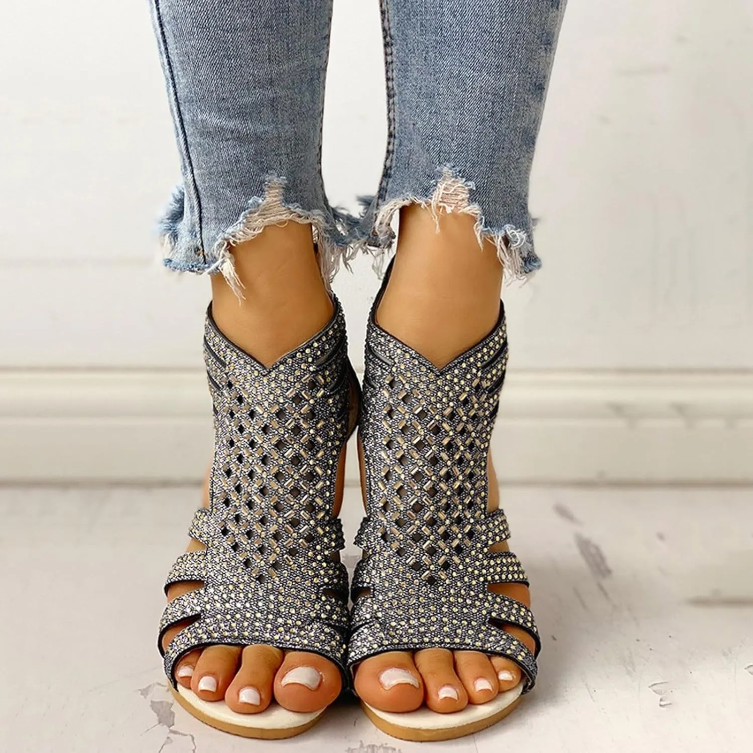 Women's Sandals Open Toe Rhinestones Over Straps Mid Heels with Back Zippper Holiday Casual Shoes