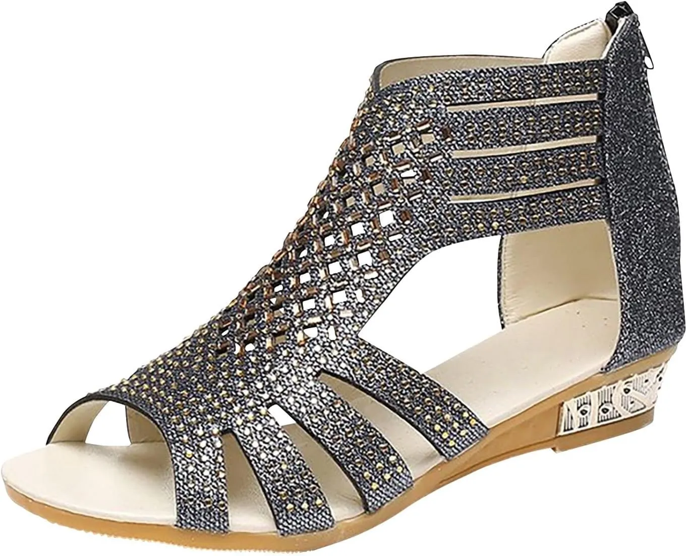 Women's Sandals Open Toe Rhinestones Over Straps Mid Heels with Back Zippper Holiday Casual Shoes