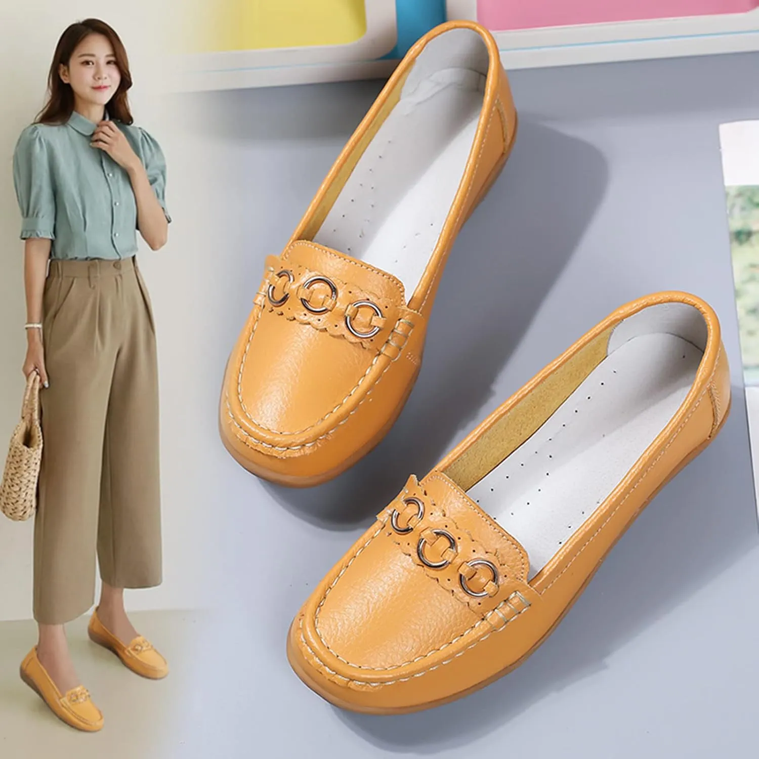 Women’s Shoes Womens Walking Flat Loafer Slip On Leather Loafer Comfortable Flat Shoes Outdoor Driving