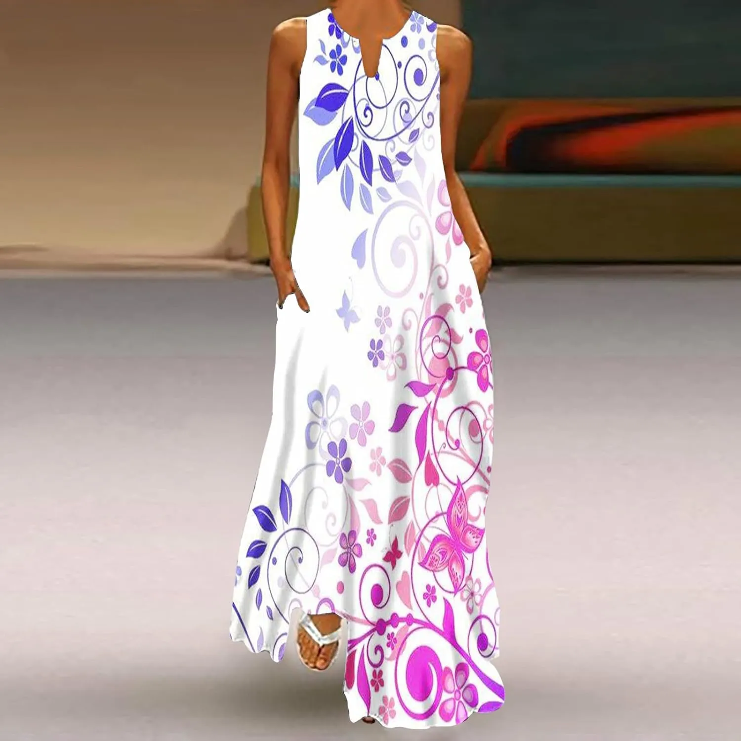Womens Sleeveless Trendy Sundress Flower Pattern Print Maxi Dress Loose Fit Casual Vintage Summer Dresses