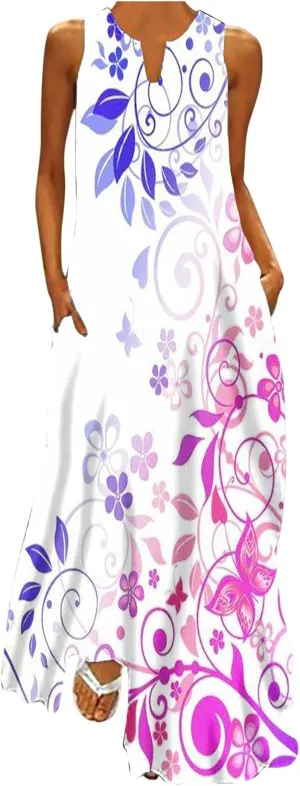Womens Sleeveless Trendy Sundress Flower Pattern Print Maxi Dress Loose Fit Casual Vintage Summer Dresses