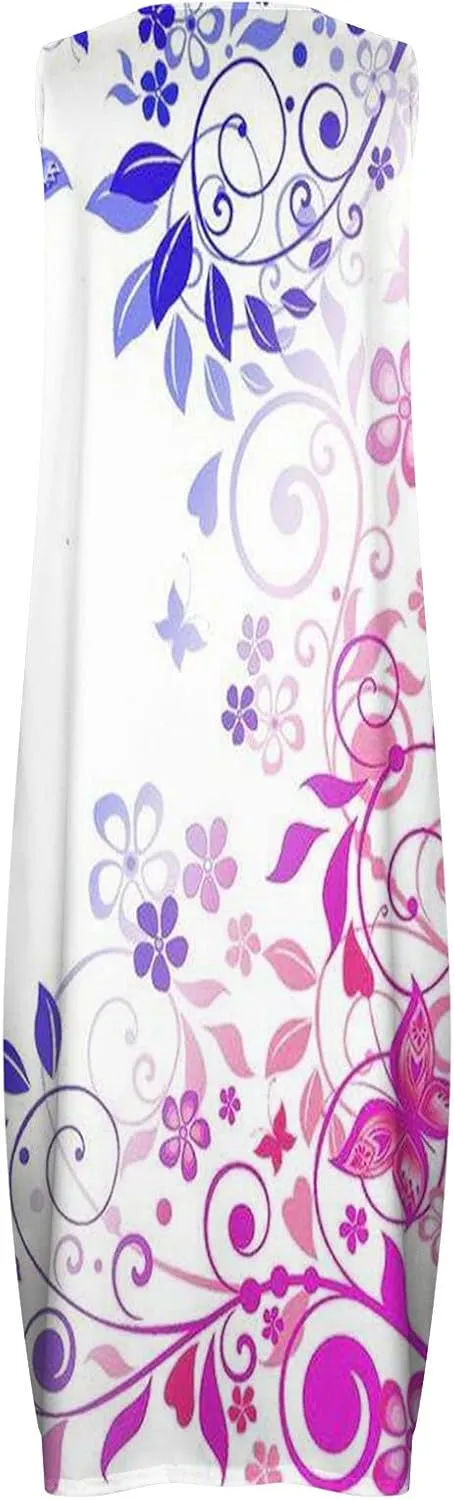 Womens Sleeveless Trendy Sundress Flower Pattern Print Maxi Dress Loose Fit Casual Vintage Summer Dresses