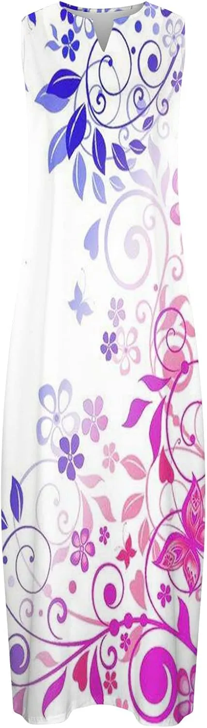Womens Sleeveless Trendy Sundress Flower Pattern Print Maxi Dress Loose Fit Casual Vintage Summer Dresses