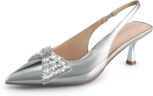 Women's Slingback Kitten Heels with Bow 2.4-Inch Low Heels Closed Pointed Toe Pump Dress Shoes