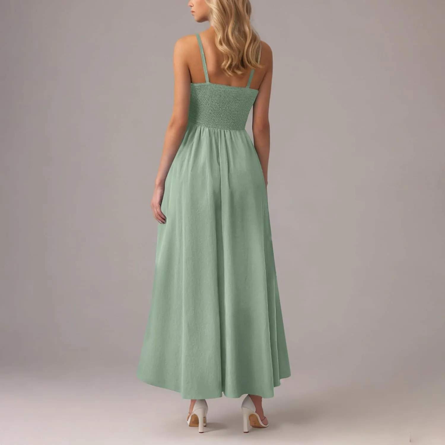 Women's Smocked Maxi Dresses 2025 Summer Beach Sundress Spaghetti Strap Swing A Line Maxi Flowy Ruffle Hem Dress