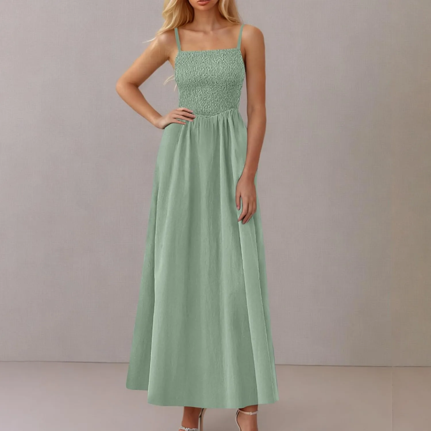 Women's Smocked Maxi Dresses 2025 Summer Beach Sundress Spaghetti Strap Swing A Line Maxi Flowy Ruffle Hem Dress