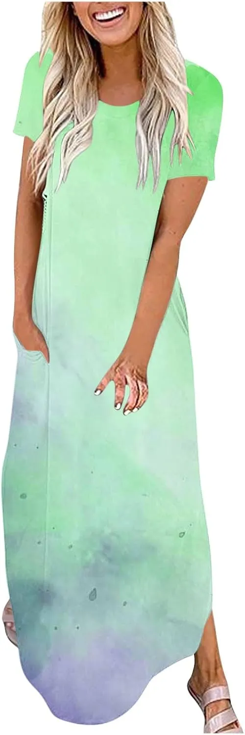 Women's Smocked Maxi Dresses 2025 Summer Beach Sundress Spaghetti Strap Swing A Line Maxi Flowy Ruffle Hem Dress