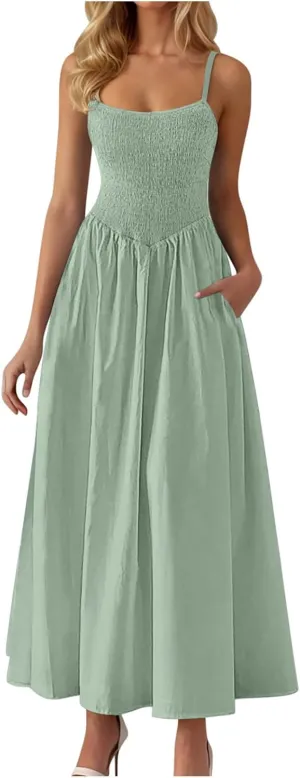 Women's Smocked Maxi Dresses 2025 Summer Beach Sundress Spaghetti Strap Swing A Line Maxi Flowy Ruffle Hem Dress